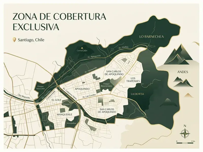 Mapa de la zona de cobertura exclusiva en Lo Barnechea, Las Condes y Vitacura